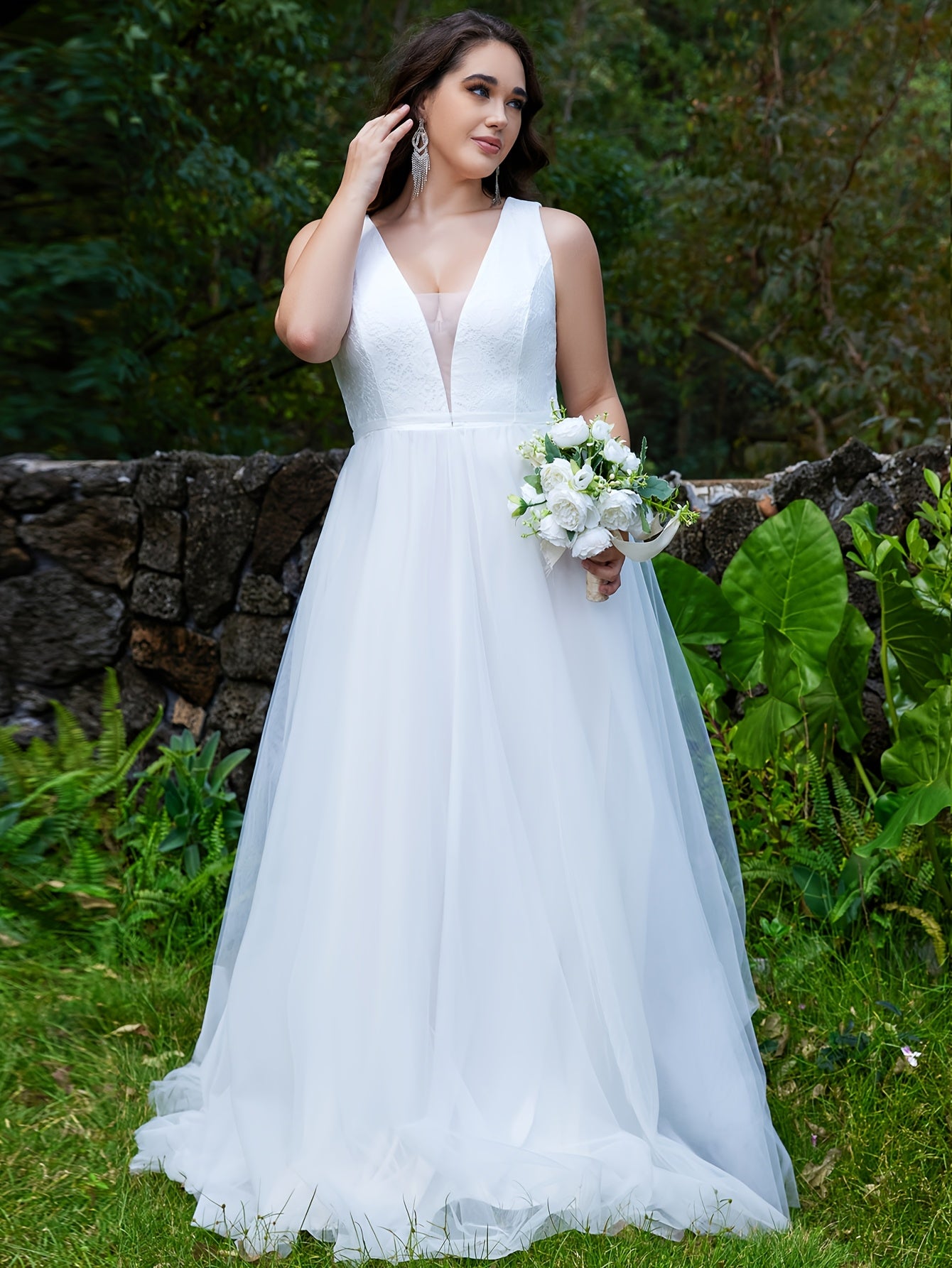 Plus Size Women's Lace Panel V-Neck Wedding Evening Gown Formal Maxi Dress