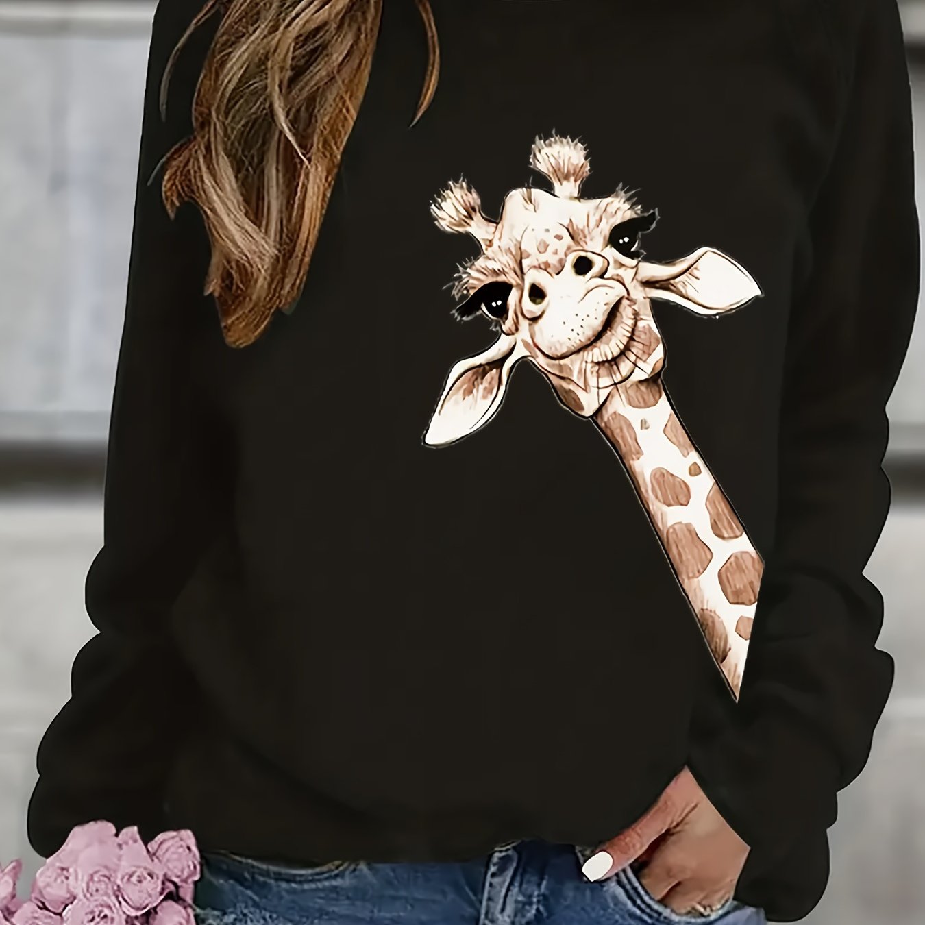 Women's Plus Size Giraffe Print Sweatshirt Casual Crew Neck Long Sleeve Pullover