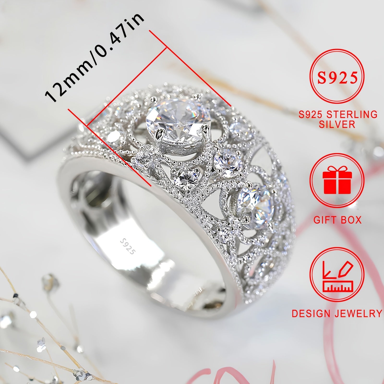 Women's Silver Ring 4.5g S925 Nickel-Free Synthetic Zircon Luxury Jewelry for Daily and Holiday Wear
