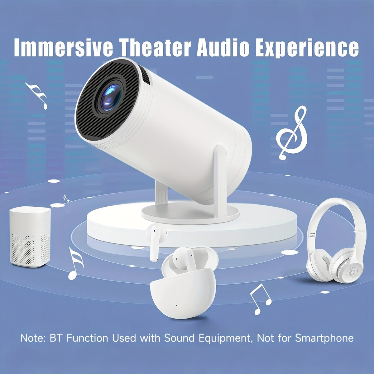 Proyector mini portátil 1080P soporte 180° rotatorio corrección trapezoidal automática blanco