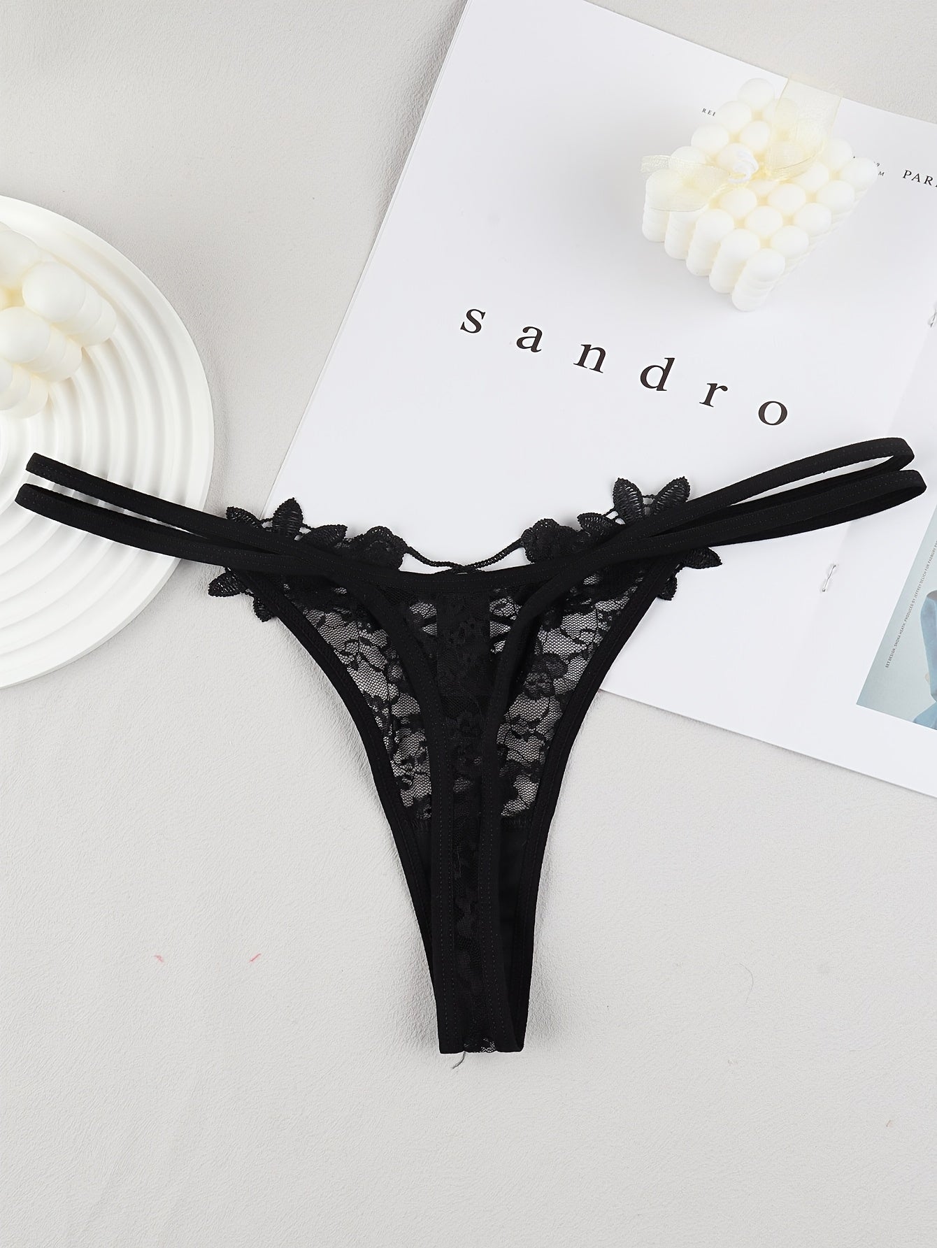 Red Lace Thong with Mesh Detail for Adults Made of Polyamide and Elastane