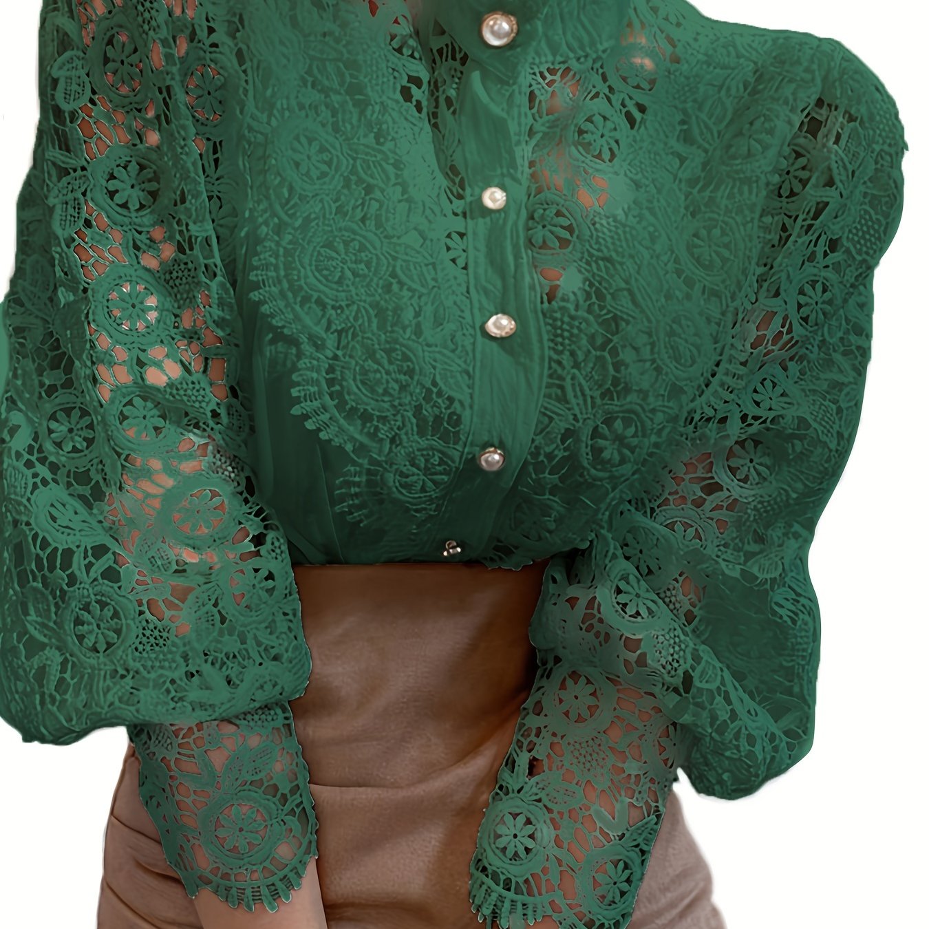 Victorian Lace Blouse for Women with Pearl Buttons Floral Pattern Long Sleeve Woven Cotton Polyester Top