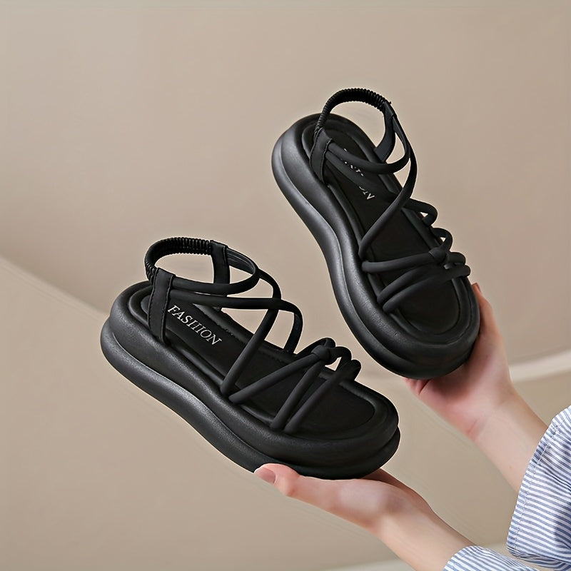 Women's Sandals Elastic Strap Slip-On Open Toe Mid-Heel Comfortable PU Platform