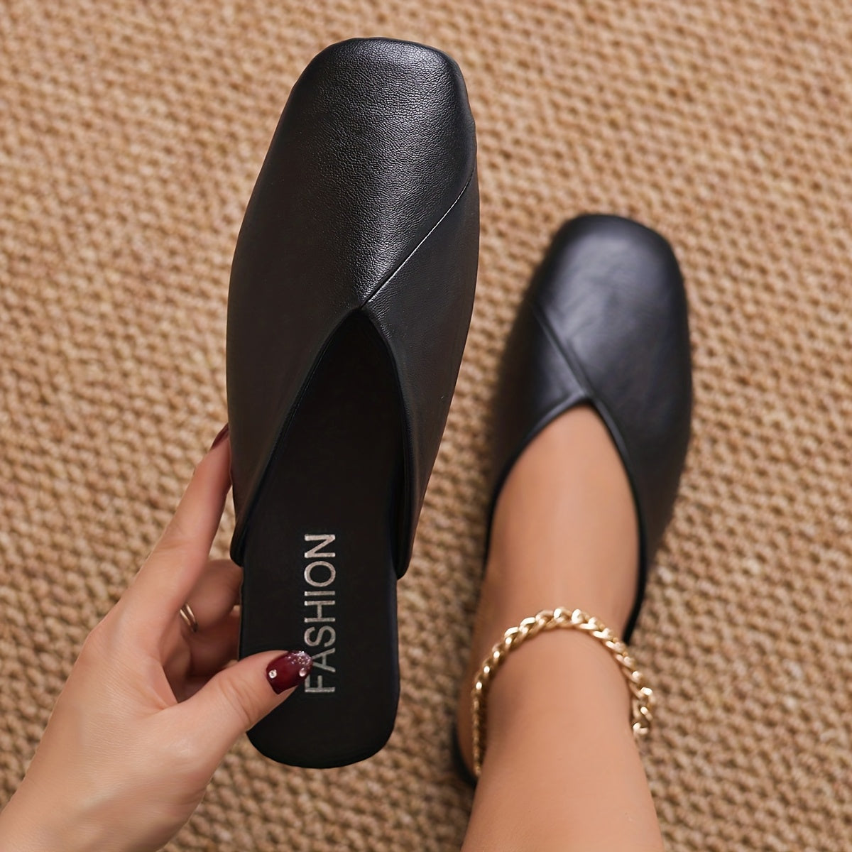 Women's Square Toe Mules Flat Shoes Faux Cover Solid Color Non-Slip Rubber Sole