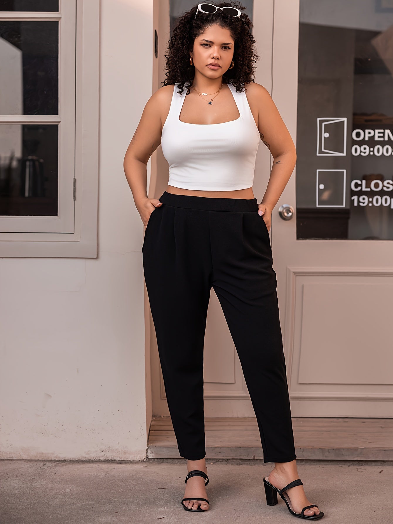 Plus Size Cotton Pleated Tapered High Waist Pants for Women