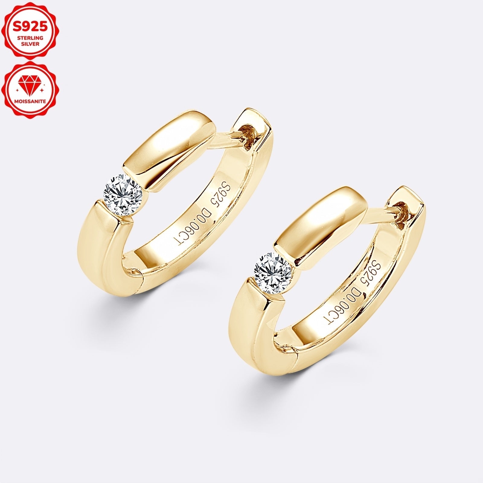 Sterling Silver Hoop Earrings with Moissanite 14K Gold Plated for Weddings and Gifts