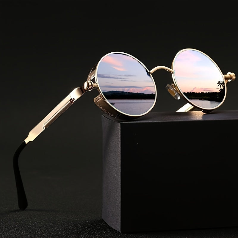 Men's Vintage Metal Frame Steampunk Round Sunglasses with Spring Legs