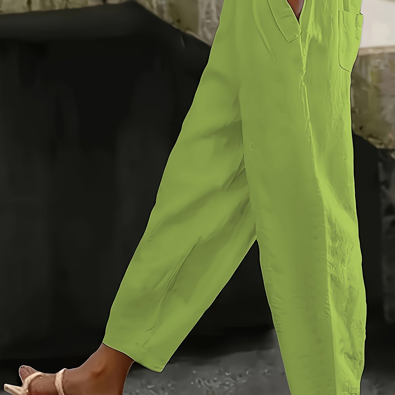 Pantalones casual de talla grande para mujer con cintura elástica y bolsillos, color sólido, pierna ancha