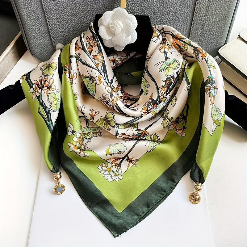 Silk Scarf for Women Spring Autumn Square Thin Neck Protection with Magnetic Buckle