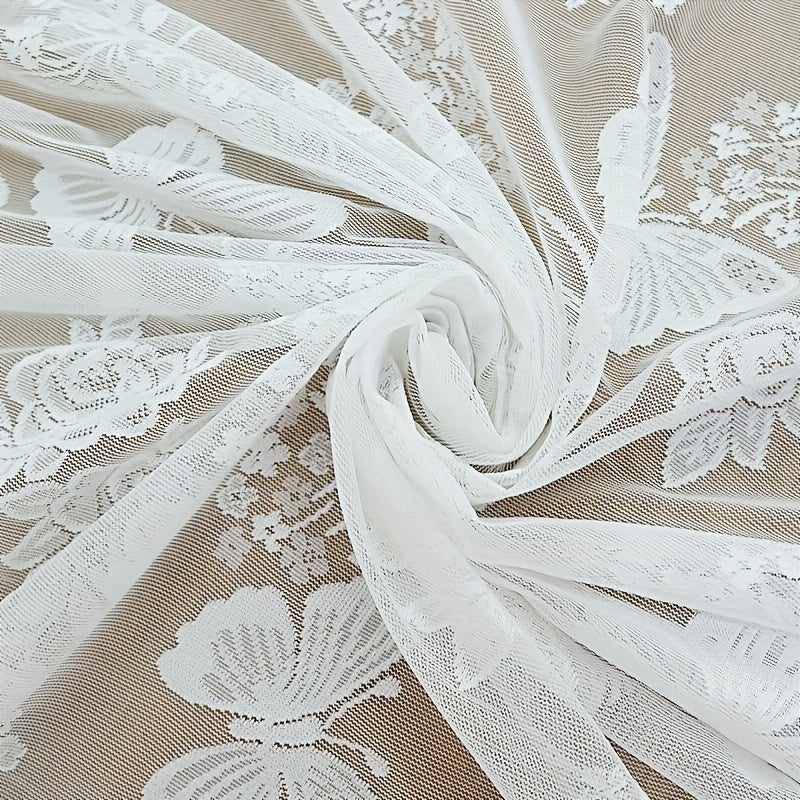 White Lace Butterfly Floral Curtain UV Protection Rod Pocket for Kitchen Living Room