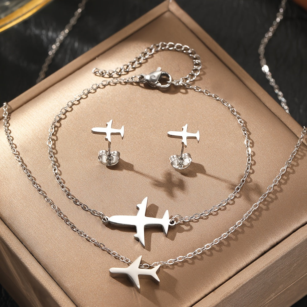 Women’s Jewelry Set Stainless Steel Airplane Pendant Necklace Bracelet Earrings Gift