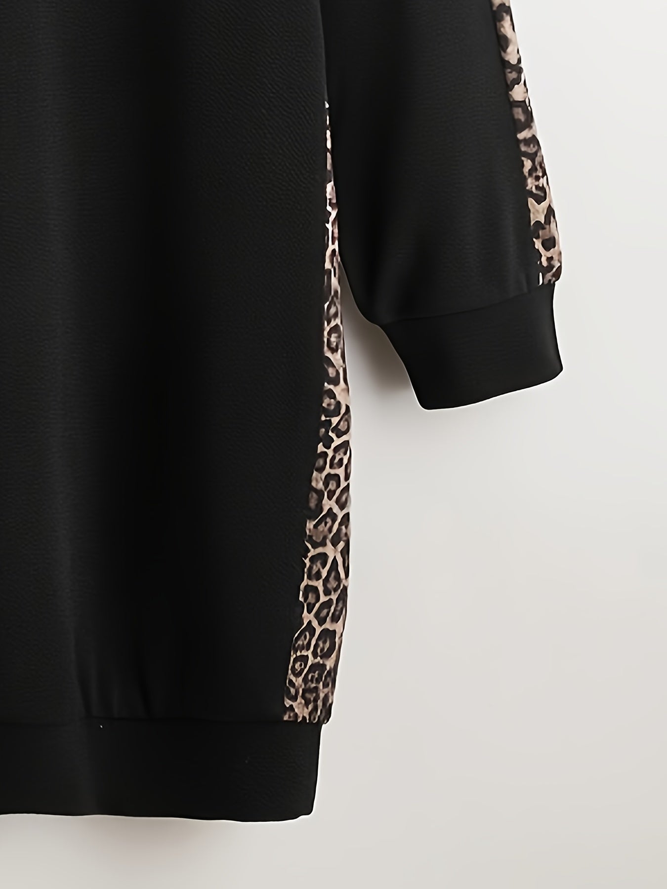 Black Hoodie for Women with Leopard Print Accents Polyester Knit Oversized Pullover