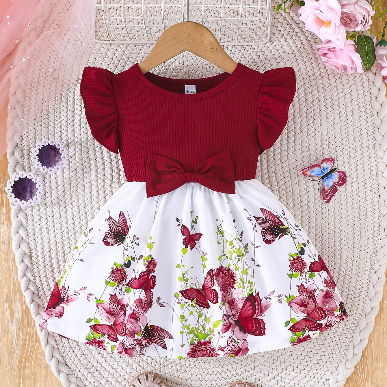 Girls Floral Ruffle Sleeve Dress Polyester Knit Casual Spring Summer Ages 12 and Under