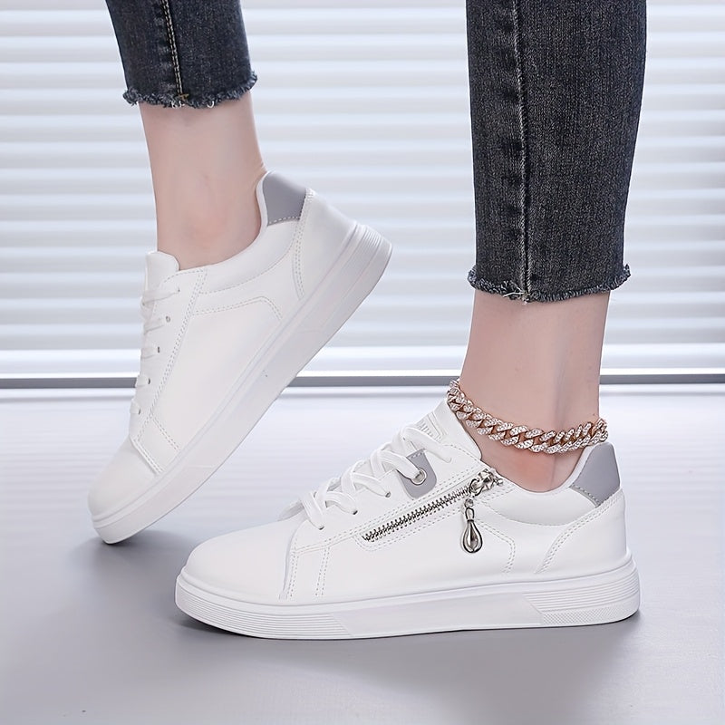 Ladies' Side Zipper Low-Top Flat Shoes, Comfortable Solid Color Walking Sneakers