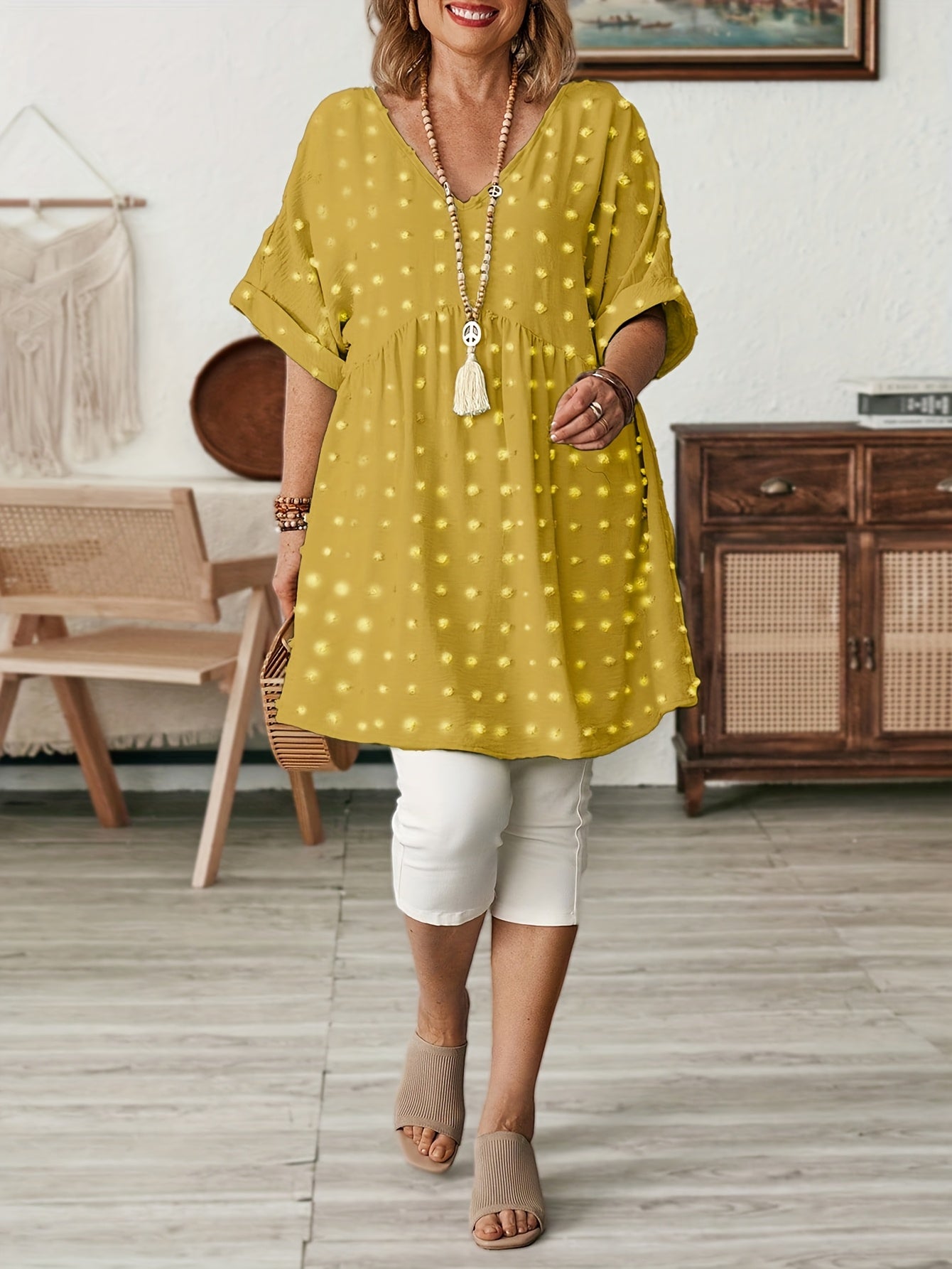 Plus Size Women's V-Neck Batwing Sleeve Blouse Breezy Lightweight Top