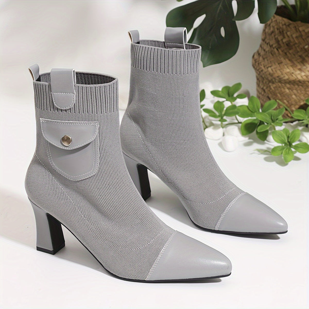 Women's Solid Color Pointed Toe High Heel Ankle Boots with Elastic and Thick Heels