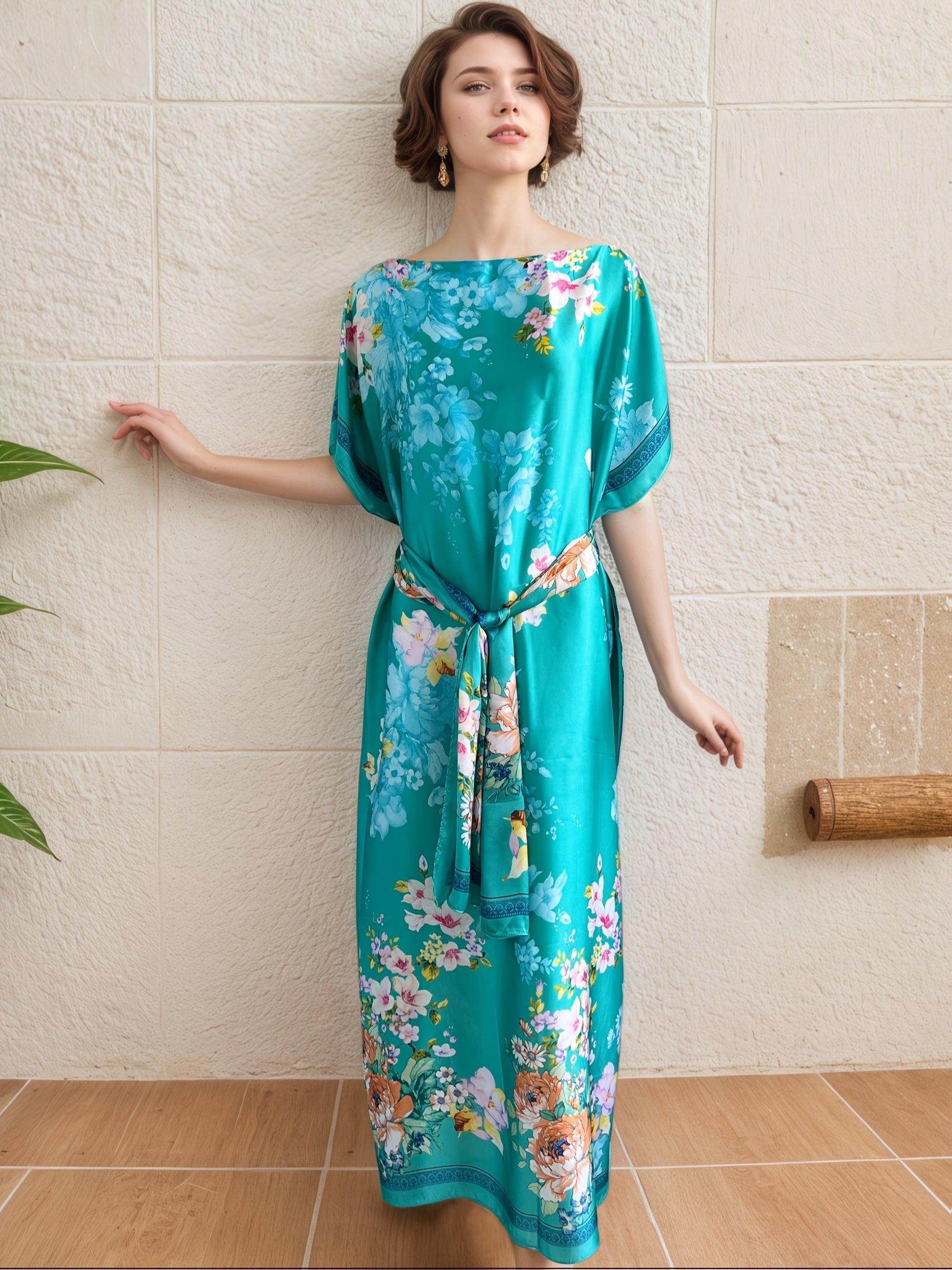 Plus Size Floral Print Batwing Sleeve Maxi Dress for Women, Casual Summer Wear