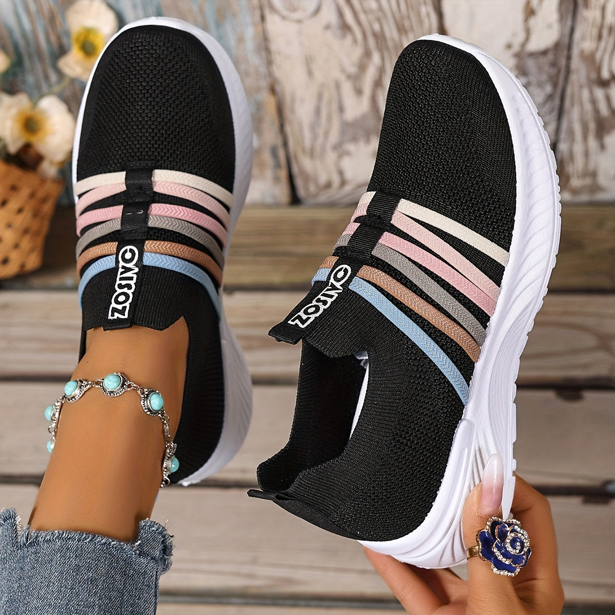 Women's Slip-On Sneakers White and Black Casual Shoes for Summer and Travel