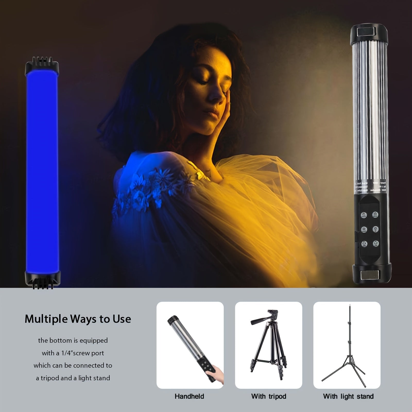 11 dyuymli qo‘l bilan ushlanadigan RGB LED video yoritgich tayoqchasi, sozlanadigan rang harorati 2700K-7500K va USB orqali quvvatlanadigan batareyali