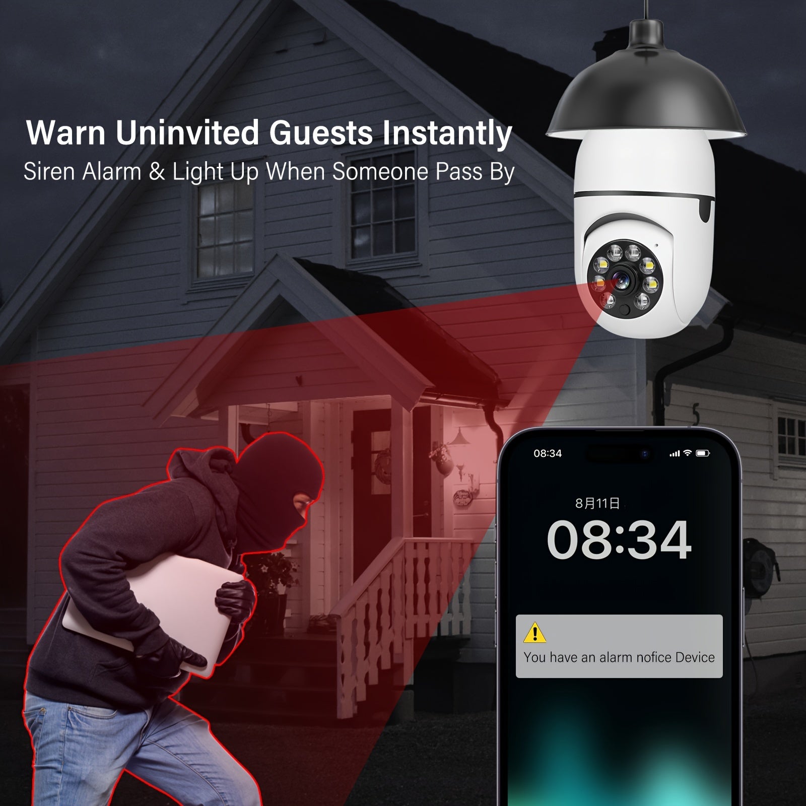 Wireless Security Camera Light Bulb Indoor Outdoor Motion Detection Two-Way Audio Alarm