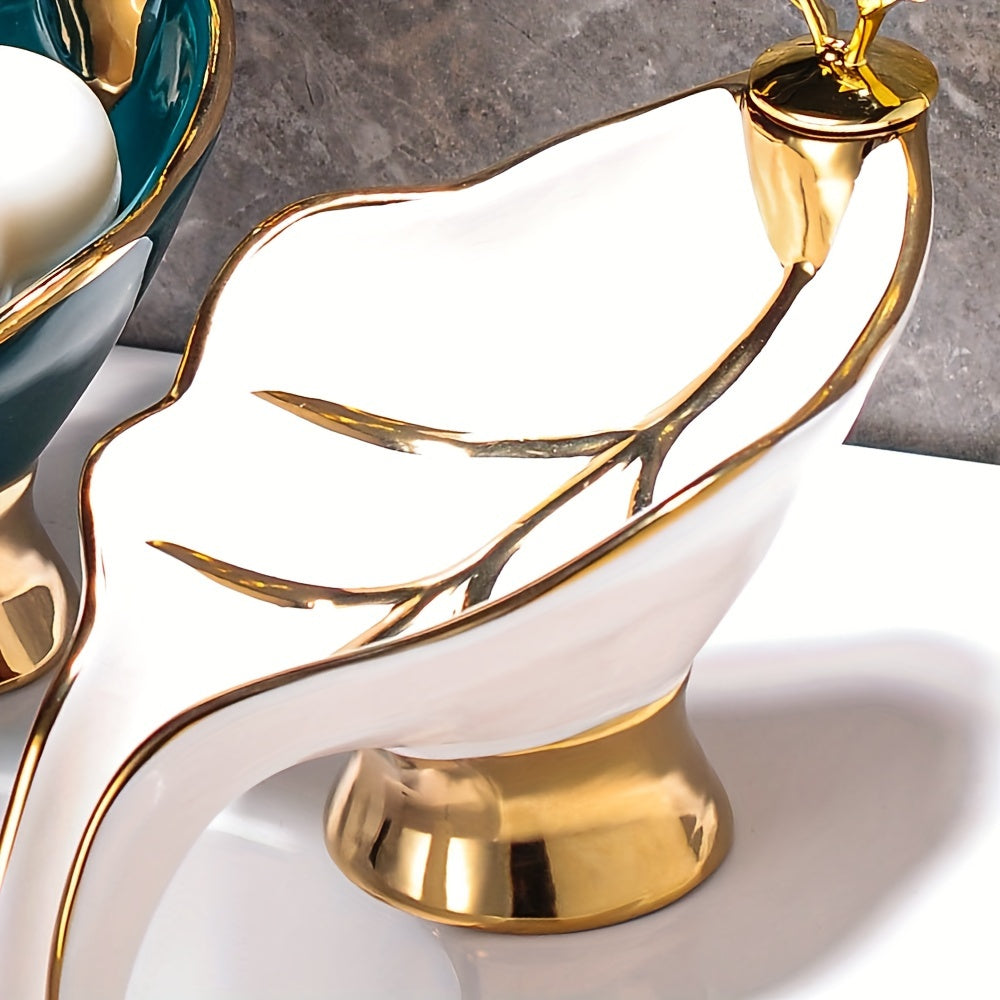 Ceramic Leaf-Shaped Soap Dish with Self-Draining for Bathroom Sink Storage