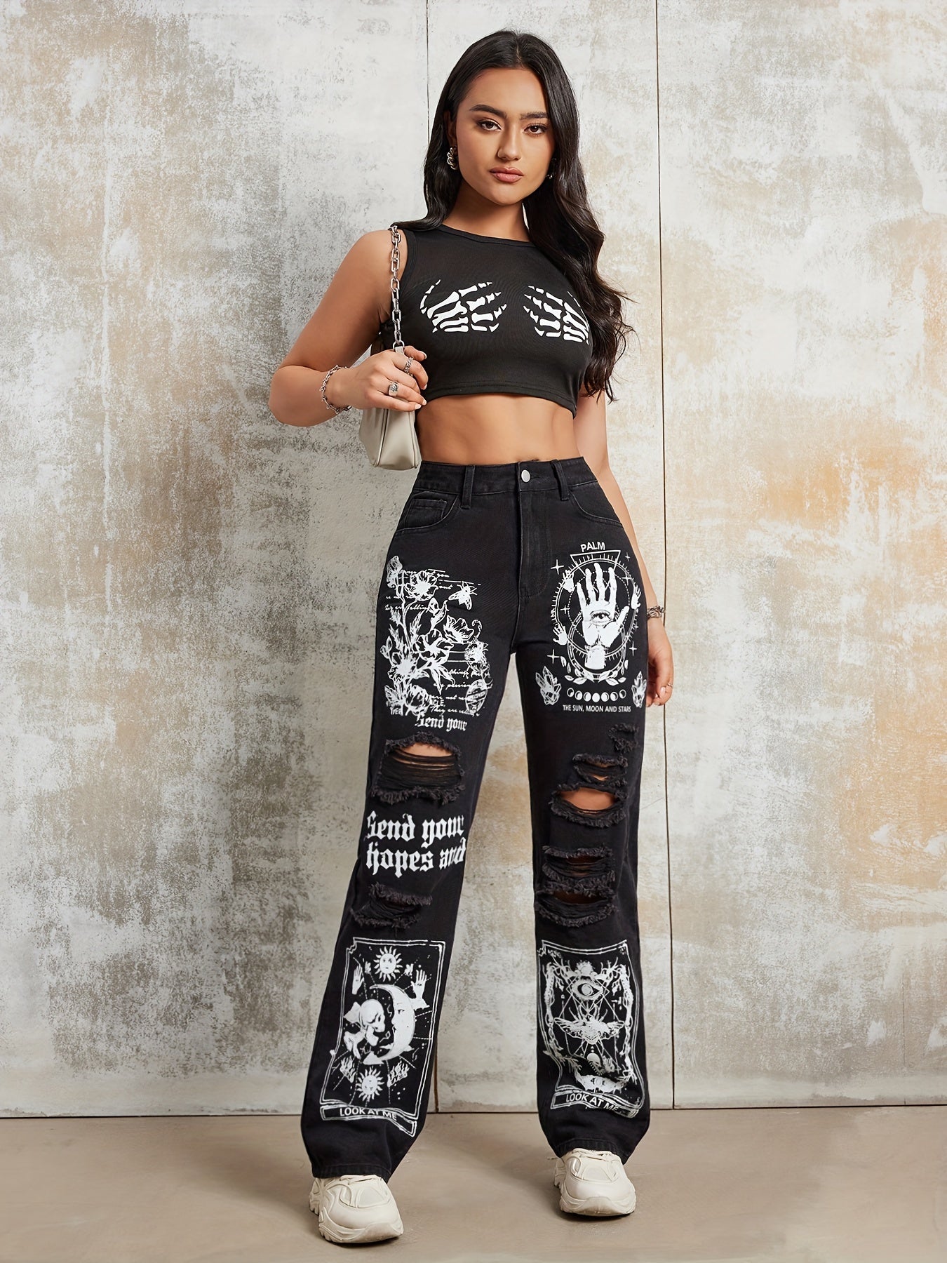 High Waist Denim Pants with Cartoon Pattern Ripped Straight Leg for Casual Wear