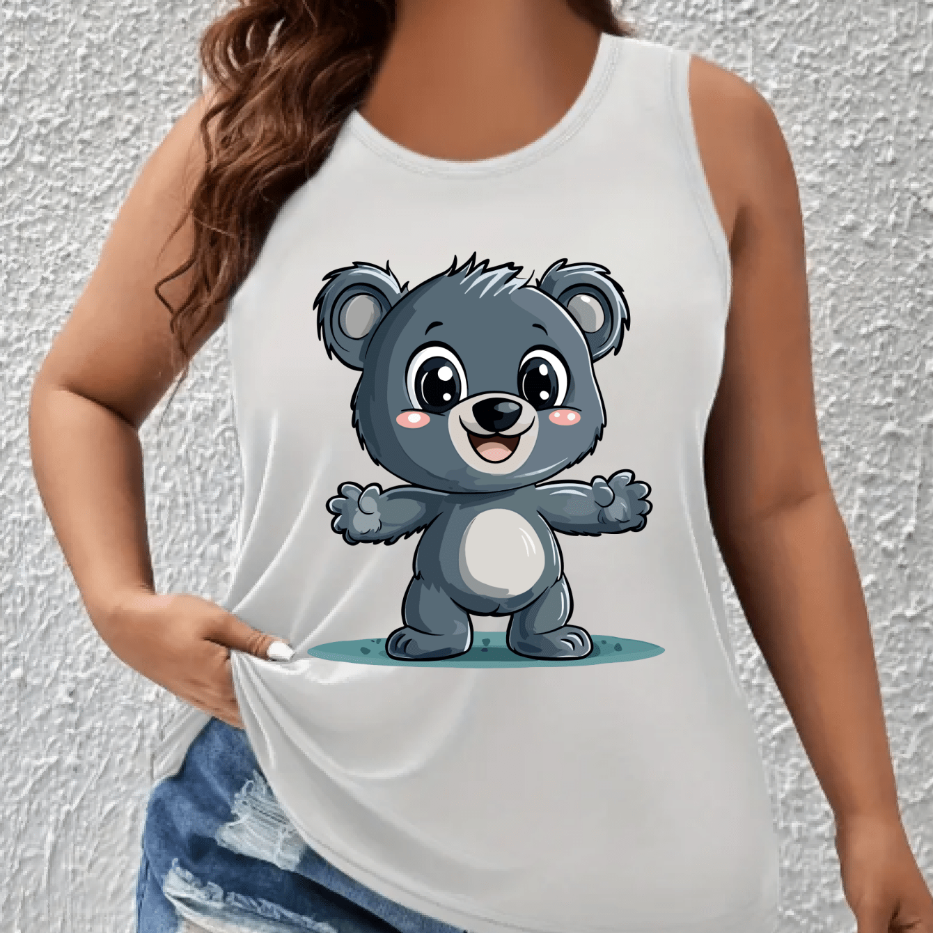 Women's Plus Size Off-Shoulder Vest Top With Cartoon Koala Print Breathable Stretchy Fabric