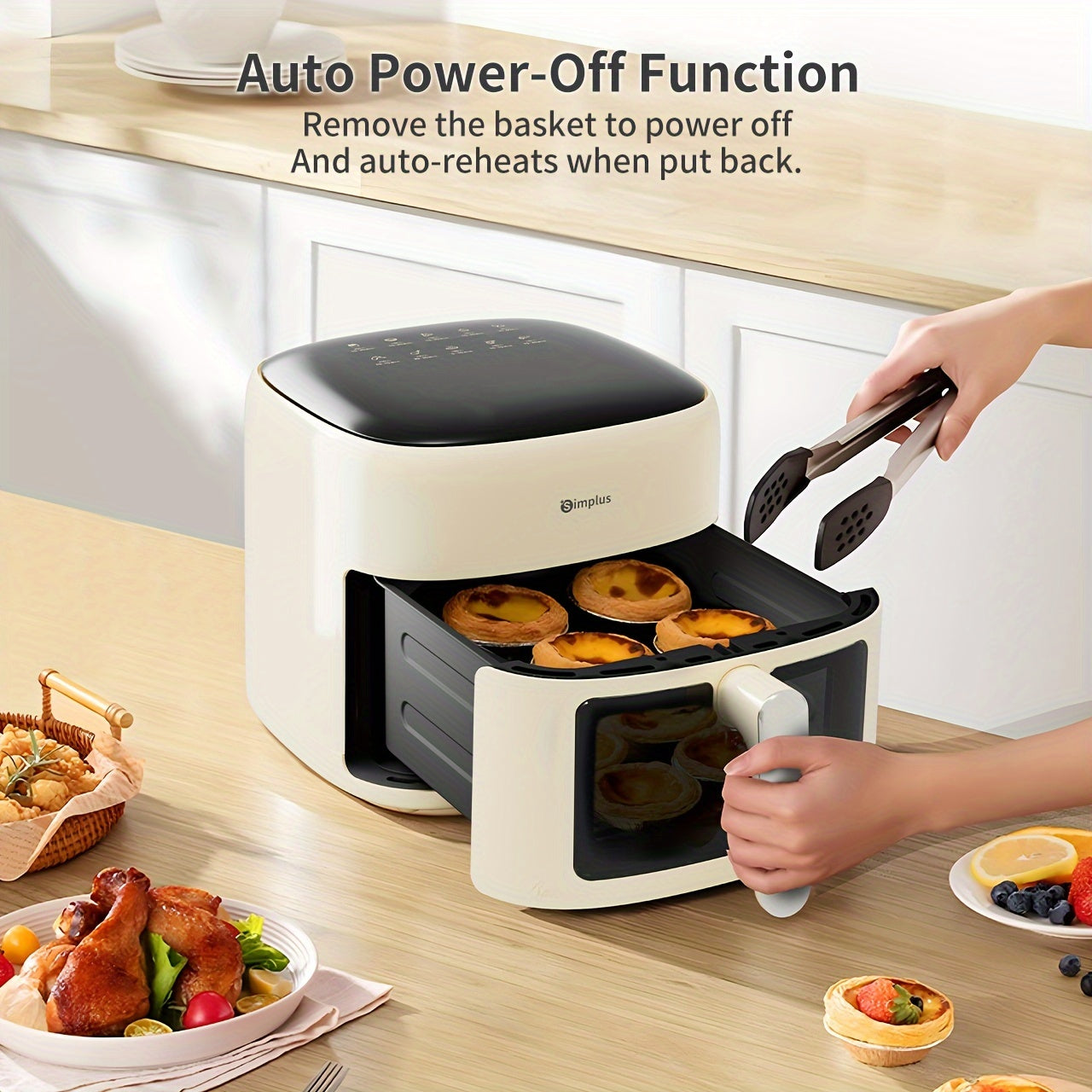 5-8 киши учун катта 6L ҳажмли ҳаво фритюрлари, осон сақлаш учун компакт ҳажмда. Хусусиятлар: 10 дона ҳаво фритюрлари қоғозлари, визуал пичириқ ойнаси, голографик LCD тиғиз экран, 10 ўрнатилган олдиндан белгиланган меню.