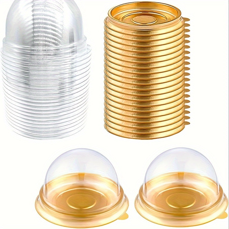 Set of 50 Mini Cupcake Holders 7.62cm Clear and Gold BPA-Free PET Plastic Round Dome Party Favor Boxes