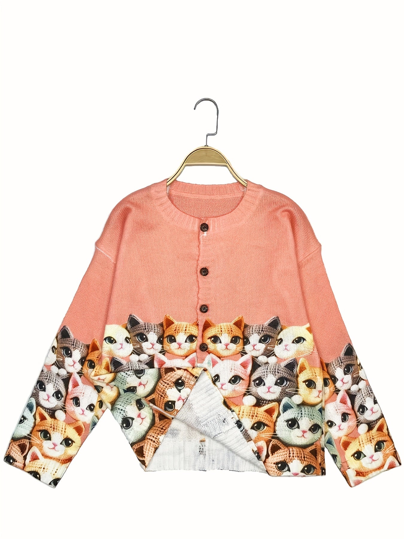 Plus Size Women's Lightweight Cat Print Cardigan Long Sleeve Pink Casual Fall Jacket