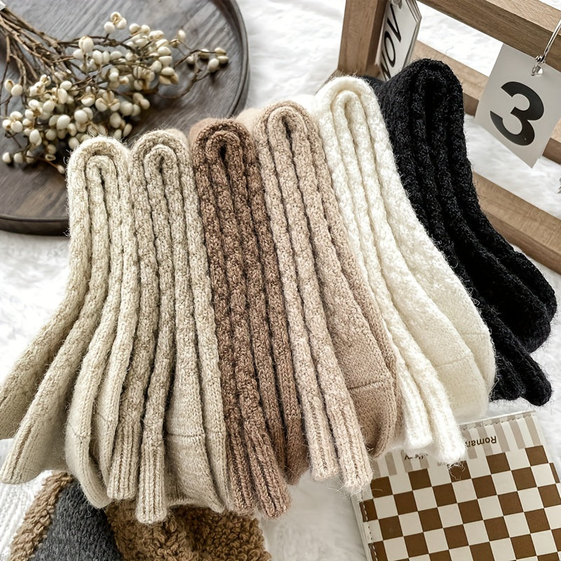 Women Mid Tube Socks 6 Pairs Rhombus Pattern Fuzzy Polyester Spandex