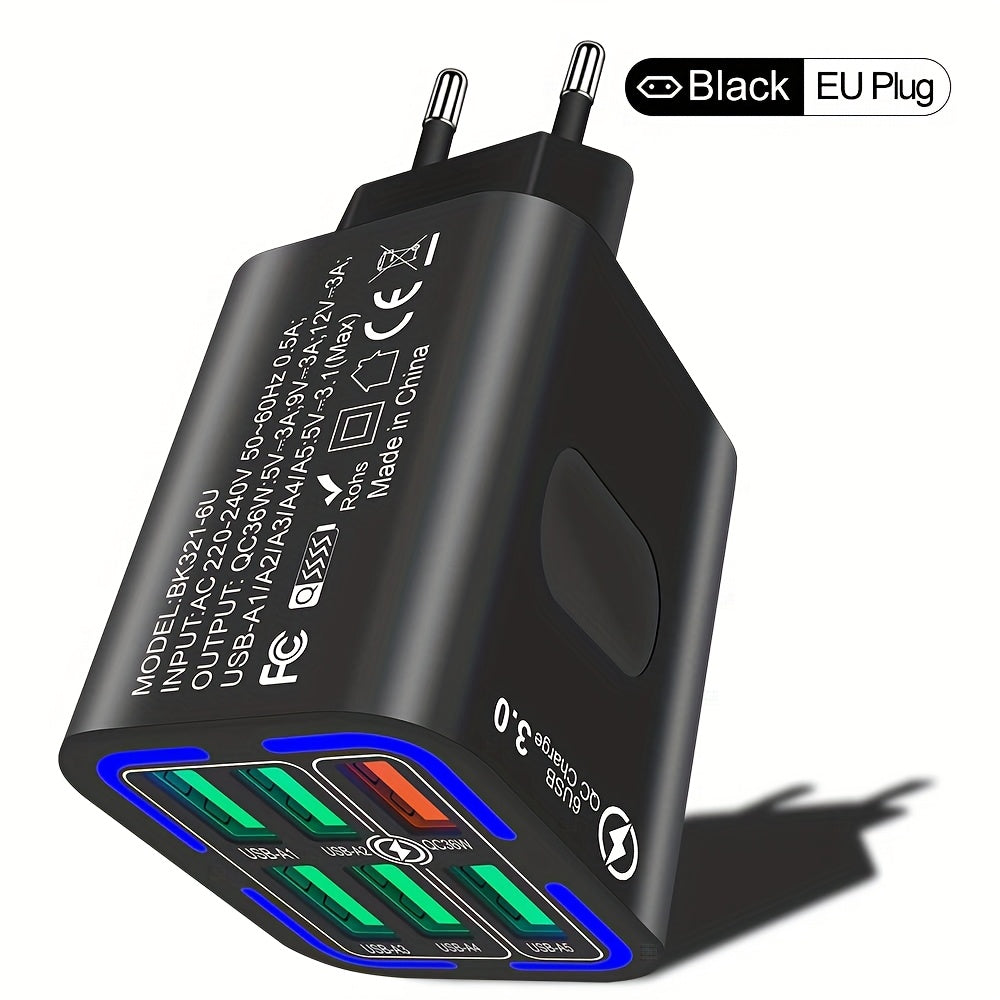 6-Port USB Wall Charger 36W QC3.0 Fast Charging European Plug for iPhone Samsung
