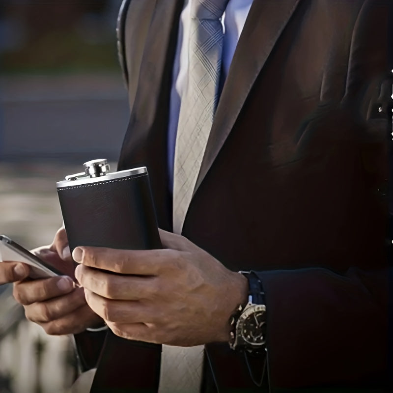 Набор однолитровых черных фляжек включает 1 фляжку, 2 винных стакана и изготовлен из нержавеющей стали с мягкой кожаной оберткой. Этот герметичный подарочный набор идеально подходит как для мужчин, так и для женщин, и предназначен для виски, рома и водки.