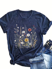 Plus Size Floral Print T-Shirt Polyester Crew Neck Summer Pocket Tee