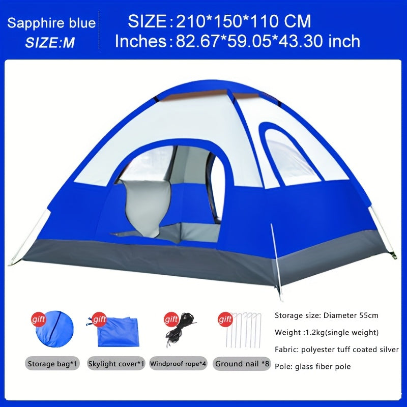 3-Person All-Season Pop-Up Camping Tent with Hydrophobic Polyester and Glass Fiber Frame Blue