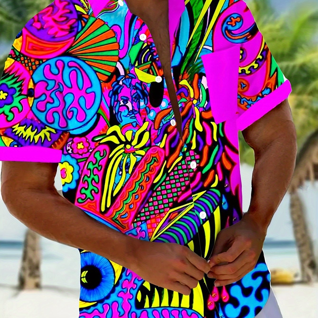 Men's Large Size Summer Shirt with Abstract 3D Digital Print and Button Pocket