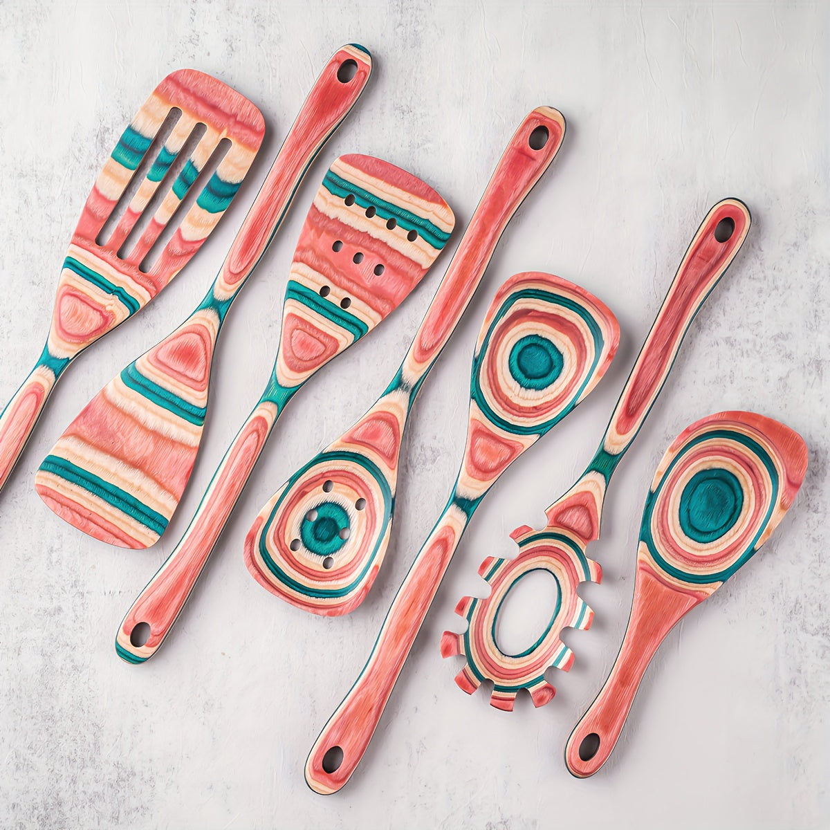Pink Wooden Kitchen Utensil Set 7-Piece Non-Stick Heat-Resistant Cooking Tools