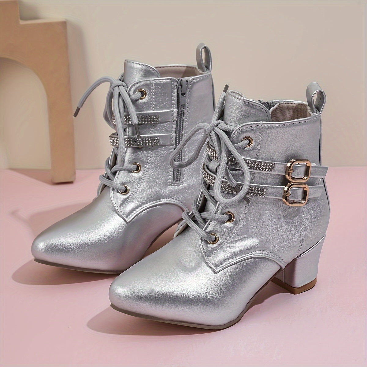 Women's White Ankle Boots with Golden Buckles Side Zipper Chunky Heel