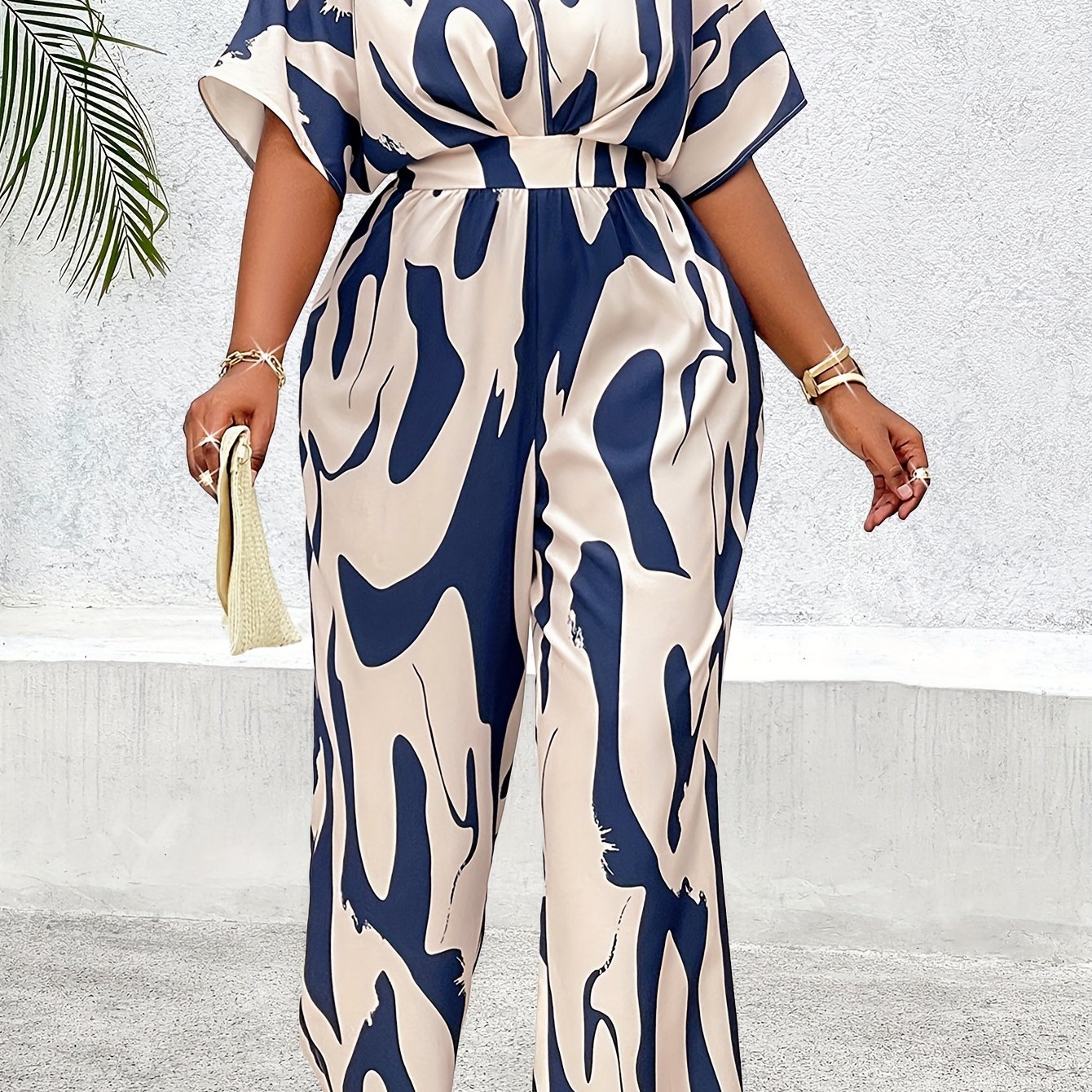 Women's Plus Size Batwing Sleeve Belted Print Jumpsuit