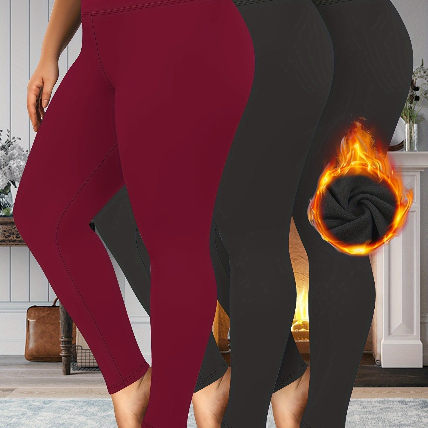 Leggings de talla grande para mujer con cintura alta y forro de felpa para otoño e invierno cálido