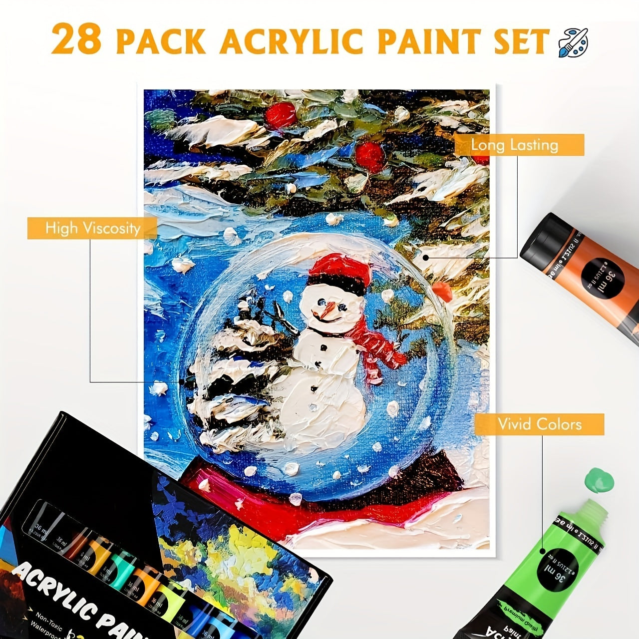 28-Piece Acrylic Paint Set with 18 Vibrant Colors and 10 Brushes for Artists and Hobbyists
