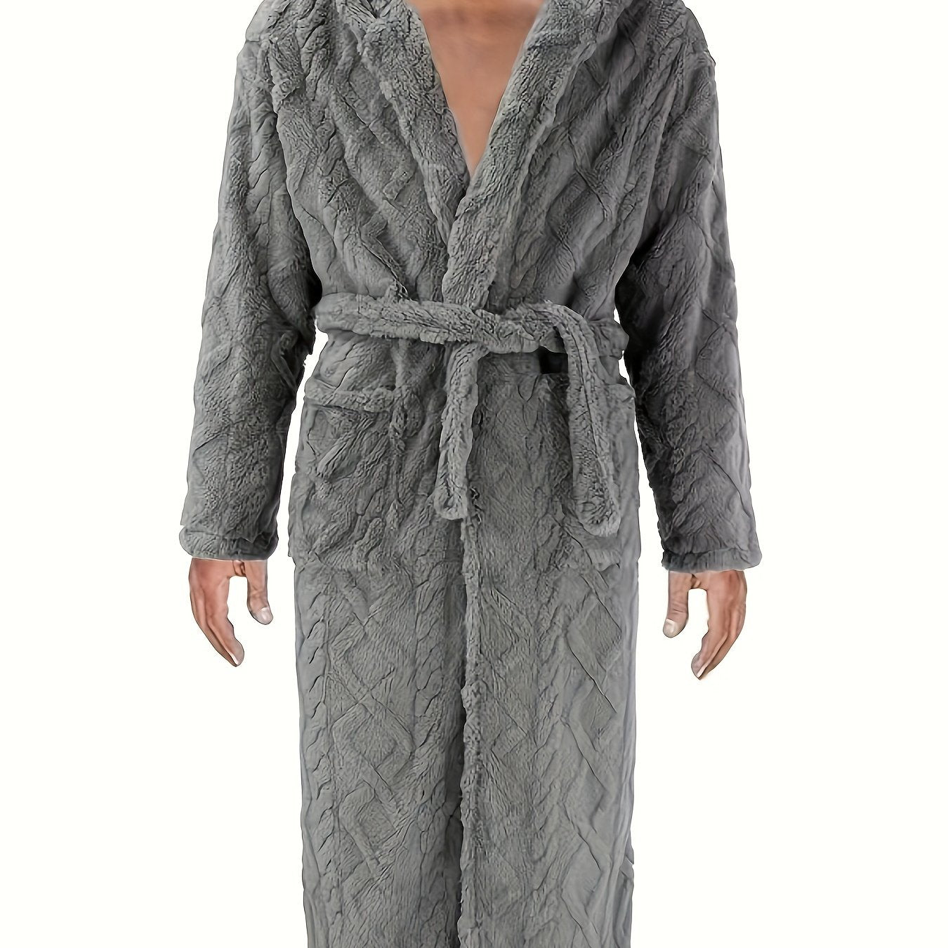 Men's Over-the-Knee Fleece Bathrobe with V-Neck, Blue Quilted Design for Winter