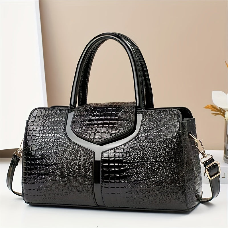 Women's Crocodile Pattern Leather Handbag with Adjustable Strap and Zipper Closure