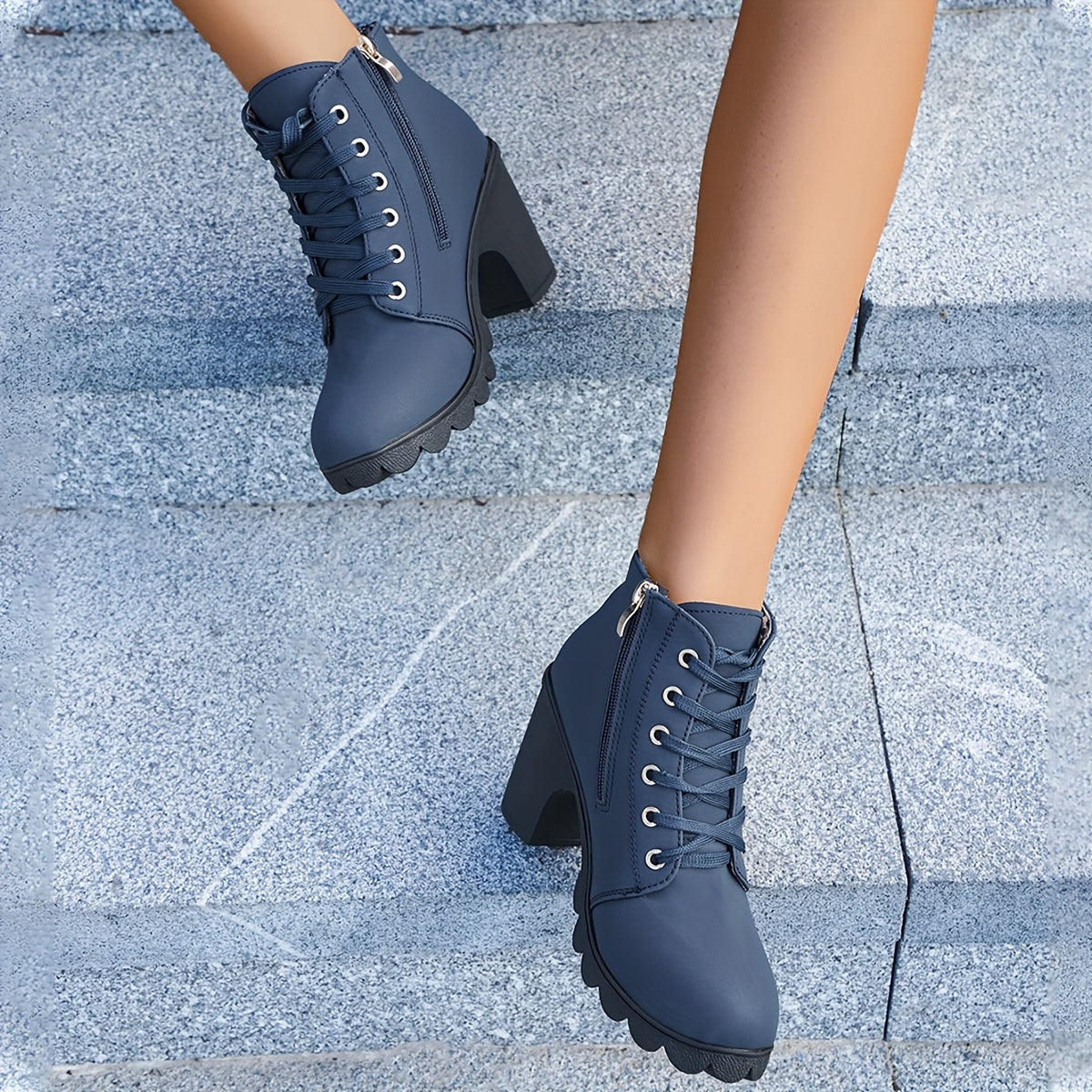 Women's Solid Color Chunky Heel Ankle Boots Lace-Up Short Boots