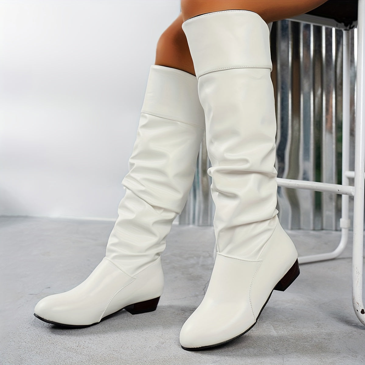 Women's Black Faux Leather Long Boots with Flat Heel and Pointed Toe