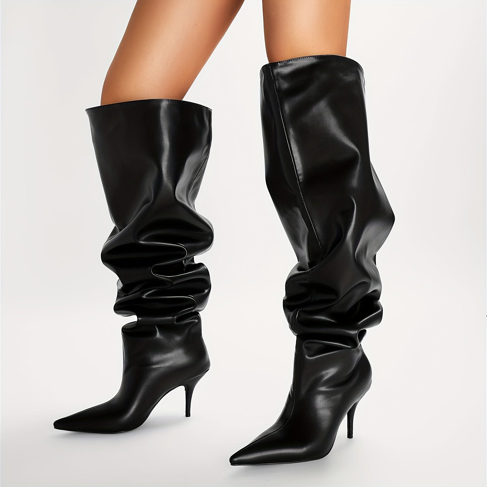 Women's Black Faux Cover Pointed Toe Over-the-Knee Boots With Pleated Design