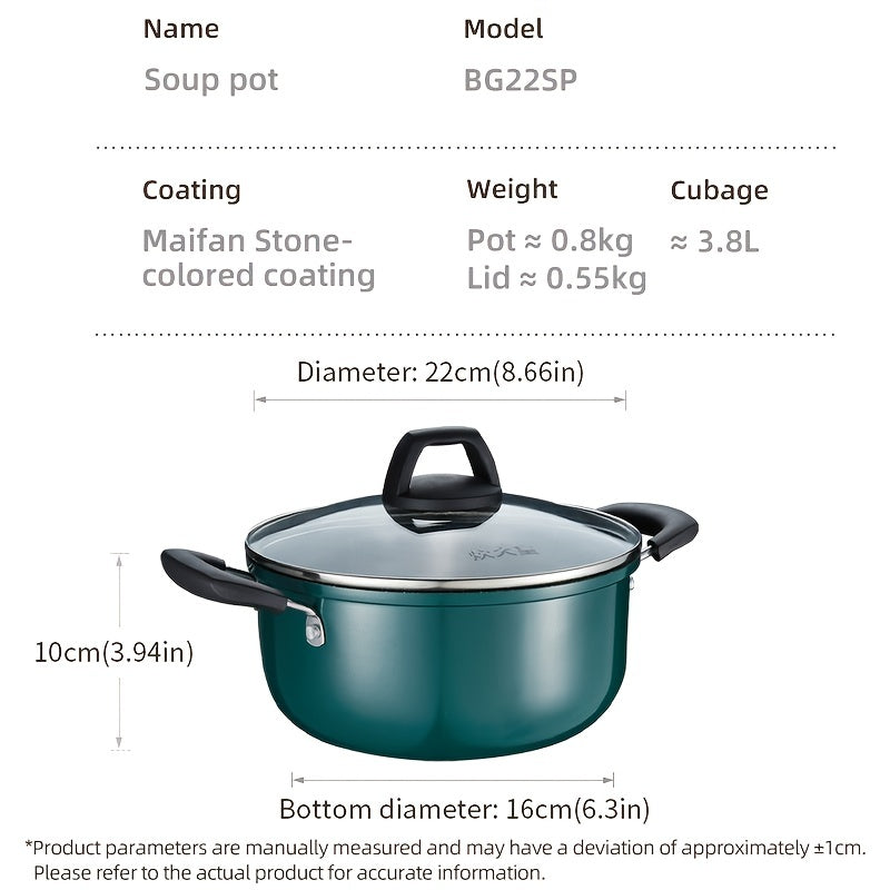 22cm Non-Stick Stew Pot with Glass Lid Induction Gas Stove Compatible Dual Handles