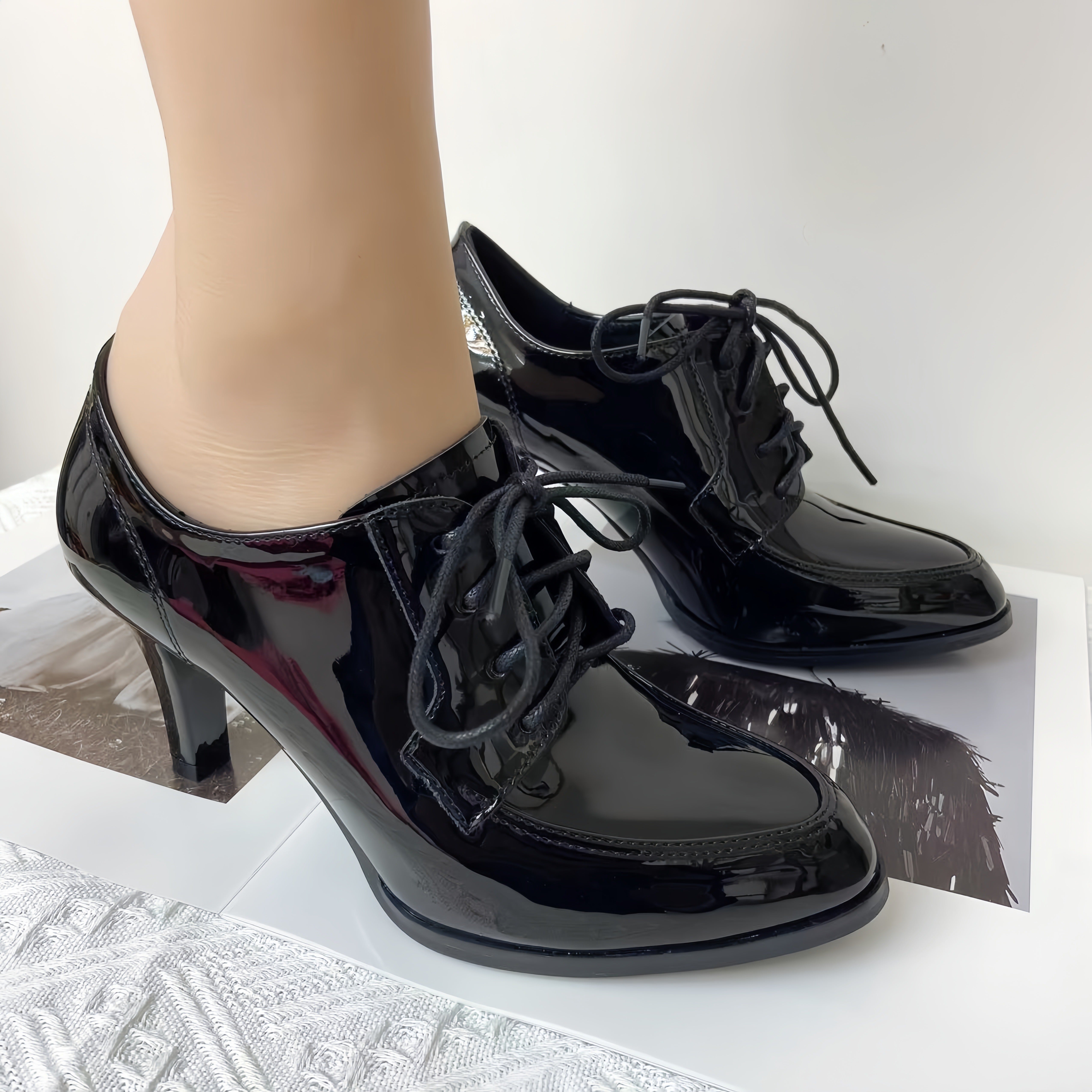 Women's Black Glossy Synthetic Pointed Toe High Block Heel Ankle Boots