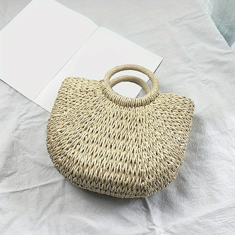 Women's Straw Crescent Bag Vintage Woven Shoulder Bag Beige Khaki