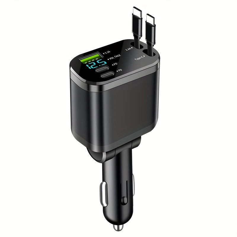4-in-1 Fast Charging Car Charger with Retractable Cable Dual PD Ports